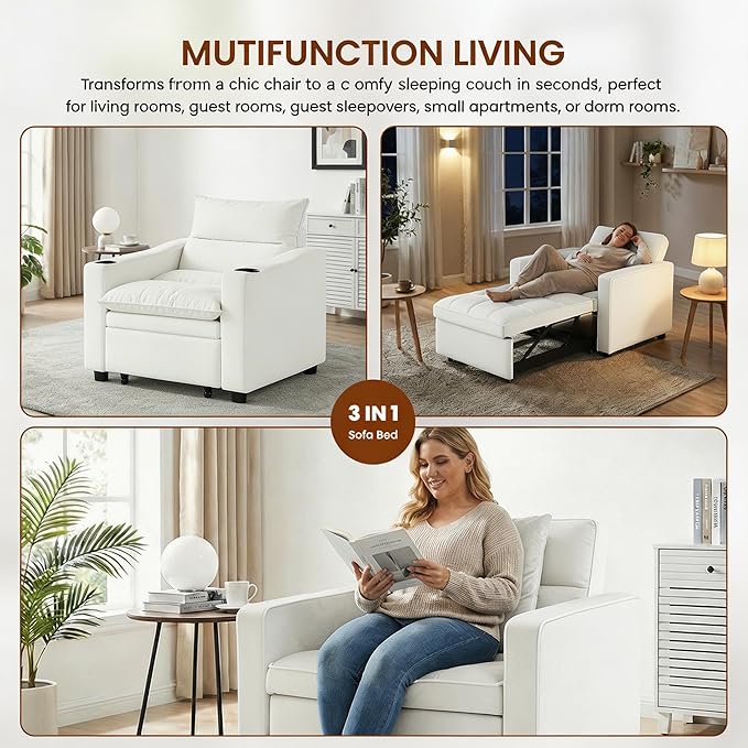 Casaphoria Convertible Sleeper Chair 66.54" Futon Sofa Bed Single Sleeper Sofa Small Couch Bed with Adjustable Backrest for College Dorm Bedroom Studio Apartment