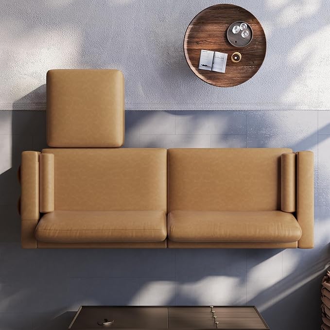 Vesgantti 100" Faux Leather Sofa with Movable Ottoman, Large 2 Seater L Shaped PU Leather Couch with Side Pocket, Comfy Mid Century Modern Modular Sectional Sofa for Living Room, Apartment, Camel