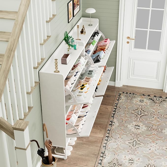 GRUSIGN Shoe Cabinet, Shoe Storage Cabinet with 2 Flip Drawers & Adjustable Shelf, Space-Saving Shoe Organizer – Holds 16+ Pairs, Narrow Shoe Cabinet Storage for Entryway/Hallway(White) - Image 8