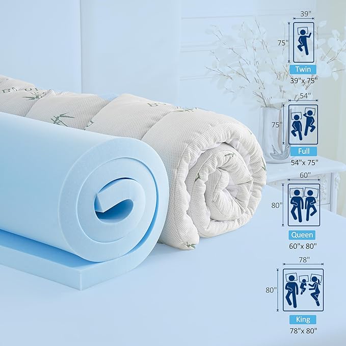 DOWNCOOL Dual Layer 4 Inch Memory Foam Mattress Topper Full – 2 Inch Gel Memory Foam & 2 Inch Pillow Top Mattress Pad, Soft & Breathable Viscose Made from Bamboo, for Back Pain Relief