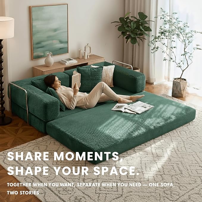 4-in-1 Folding Convertible Sofa Bed, 77" Floor Couch with Pillow - Corduroy Fabric & High-Density Sponge & Fixed-Shape Frame, Modular Sofa for Living Room/Lounge/Studio, Green