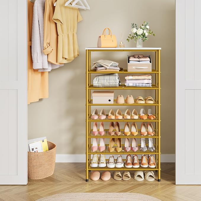 Tajsoon 8 Tier Shoe Rack Organizer for 28-32 Pairs of Shoes, Metal Mesh Shoe Shelf for Closet, Industrial Shoe Rack for Entryway Shoe Storage with X Shape Fixed Frame, White & Gold - Image 8