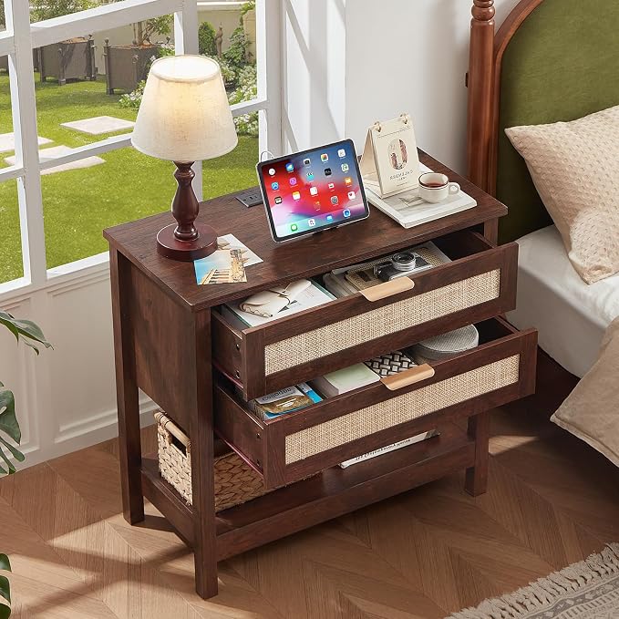 LEYAOYAO 31.5" Wide Rattan Night Stand with Charger Station, Oversized Large Walnut Nightstand with 2 Drawer, Boho Bed Side End Tables with Storage, Tall Bedside Table for Bedroom Living Room, Hallway - Image 9