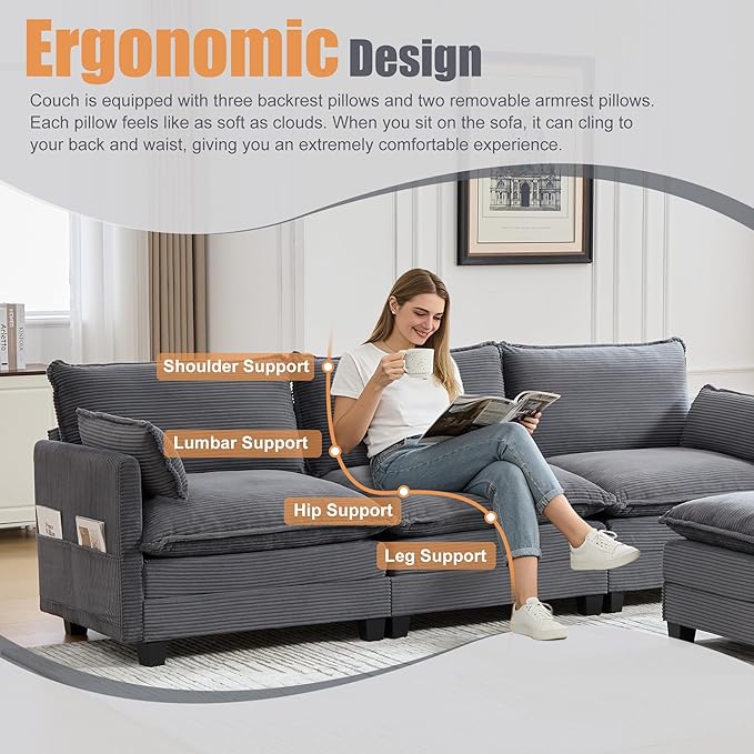 Modular Sectional Sofa Couch with Reversible Ottoman, 103" Oversized Corduroy Cloud Couch, 3 Seat Sectional Sofa with Solid Wood Frame and Side Pockets,for Living Room & Apartment