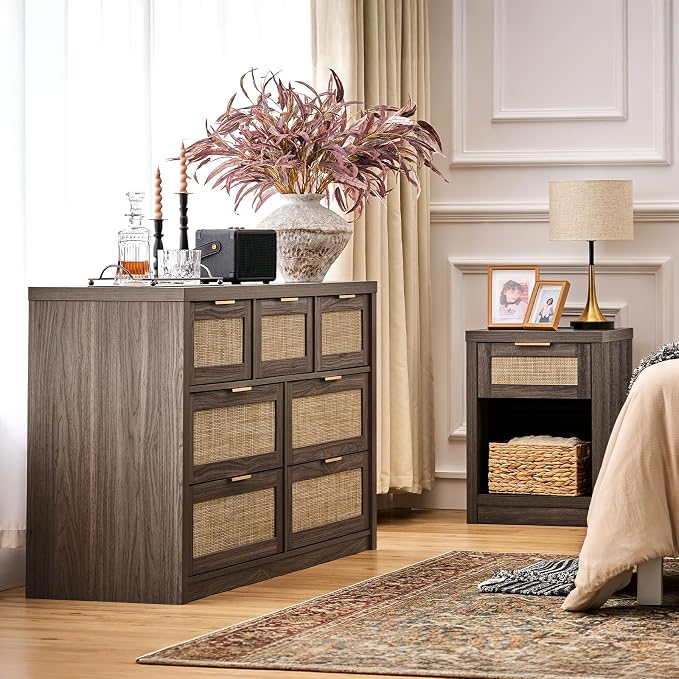 Walsham Night Stand Set 2, Rattan Nightstand with Charging Station, Modern End Table with Drawers, Bed Side Tables Set of 2 for Bedroom Living Room Sofa Couch Office (Midnight Oak) - Image 8