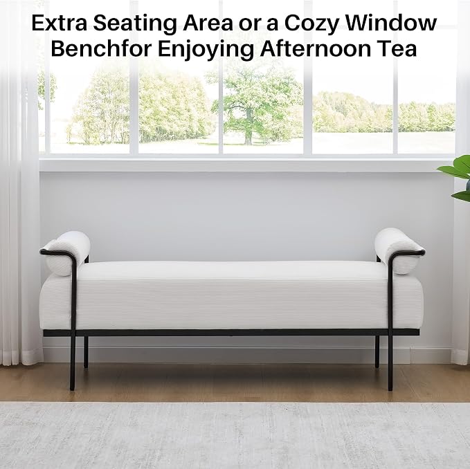 SOFTHION Entryway Bench End of Bed Bench 61.2",Modern Upholstered Bench Ottoman,Corduroy Paded Footrest Stool with Metal Legs for Living Room, Foyer Mudroom Hallway,White - Image 7
