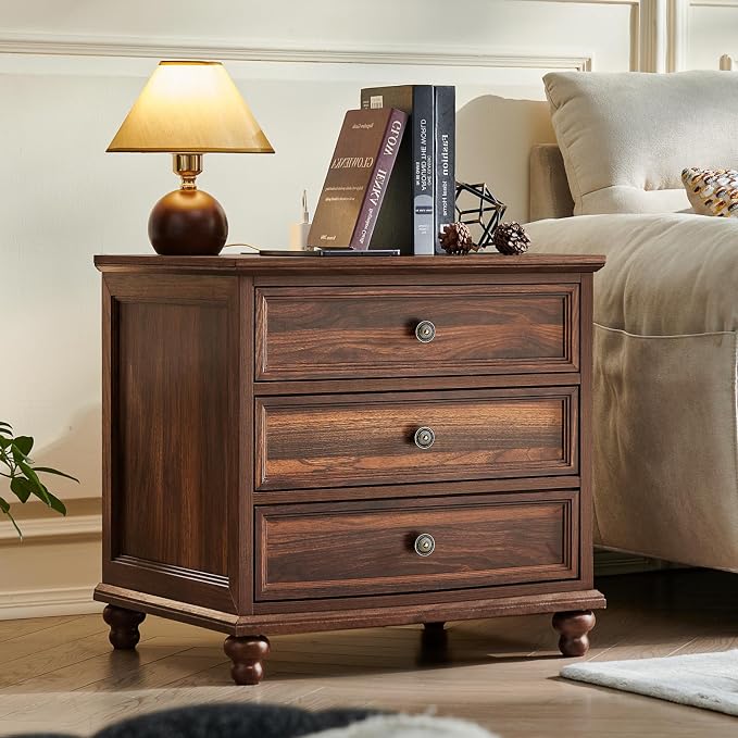 Joaxswe Farmhouse Nightstand with Charging Station, 24" Wide End Table with 3 Drawers,Wood Dresser Cabinet for Bedroom, Bed Side Table Chest of Drawers,Night Stand for Living Room, Closet,Brown - Image 7