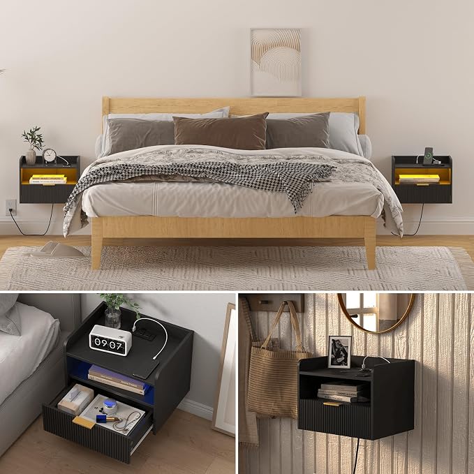 Veegle White Floating Nightstand with Charging Station and LED Lights (Black) - Image 7