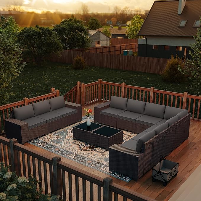12 PCS Outdoor Patio Furniture Set,Outdoor Sectional Furniture All Weather PE Rattan Wicker Patio Conversation Set with 2 Coffee Tables and 10 Thickened Cushions,Grey
