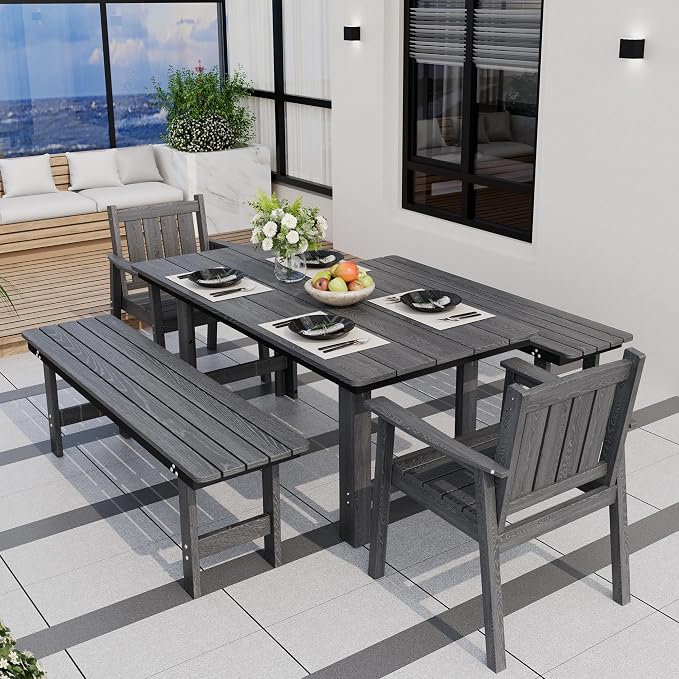 Pamapic 5 PCS Outdoor Dining Set, Spacious HDPE Outdoor Table and Chairs with 2 Bench, Wood Grain Patio Furniture Sets with Elegant Armrest, All-Weather Outdoor Furniture with Umbrella Hole, Gray - Image 9