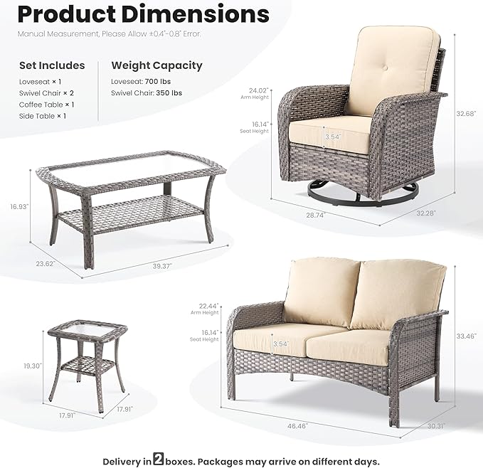 ovios 5-Piece Patio Furniture Set, Outdoor Wicker Sofa with Swivel Chairs Coffee Table, High Back Rattan Couch Loveseat with Comfy Cushions for Porch Yard Deck, Beige