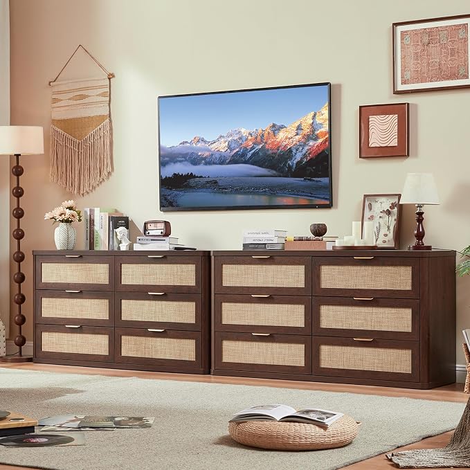 LEYAOYAO Rattan 6 Drawer Dresser for Bedroom Set of 2, 54" Wide Boho Chest of Drawers, Wooden Dressers TV Stand with Metal Handle, Storage Closet Organizer for Living Room, Hallway, Walnut by LEYAOYAO-Findtheshiningpointofyourideallife%EF%BC%81