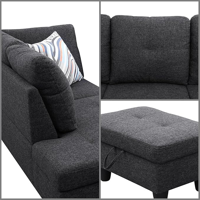 FONTOI L Shaped Sectional Couches, Modern Modular Sectional Sofa for Living Room Bedroom Furniture, Comfy 4 Seat Couch with Ottoman Storage & Chaise, Black Gray