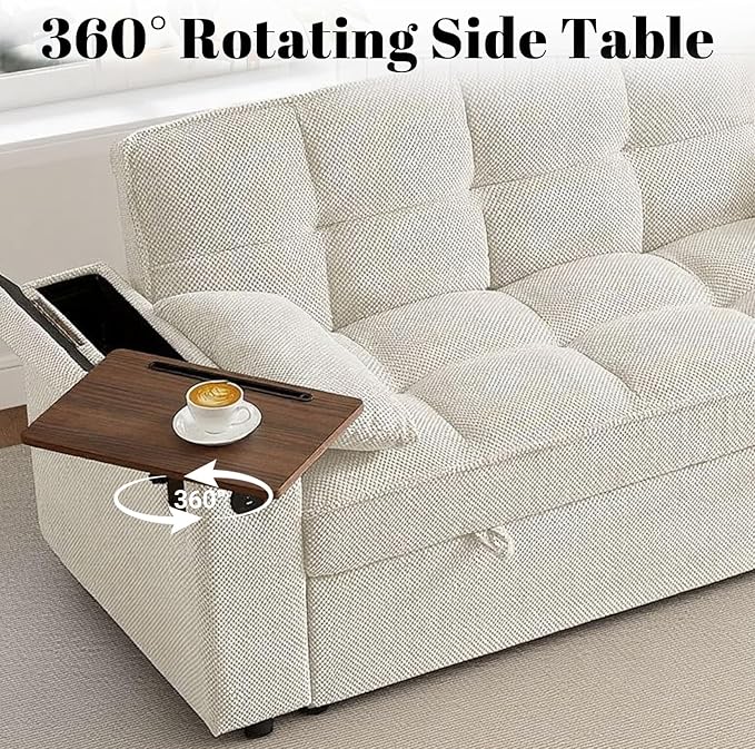 Rovibek 65'' Convertible Sleeper Sofa Bed, 3-in-1 Pull Out Couch with 360° Swivel Side Table, Adjustable Backrest, Loveseat Sleeper with Charging Port | Side Pocket | Cup Holders, White