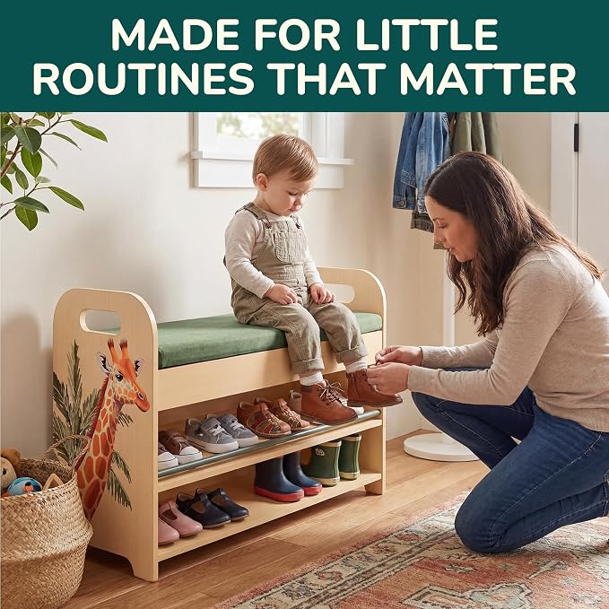 Kids & Toddler Shoe Rack with Bench Seat: Solid Pine Wood 2-Tier Shoe Organizer with Hidden Storage - Safari Giraffe Design Kids Furniture - Cushioned Seat, Rounded Safety Corners, Easy Assembly - Image 7