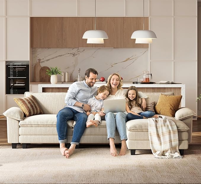 LINSY HOME 123'' Modular Sectional Sofa Beige Couch Corduroy Cloud Couches for Living Room, L Shaped Couch with Movable Ottoman, Modern Cloud Sectional Sofas for Bedroom and Apartment, Beige