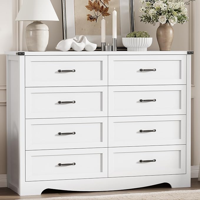 Dresser for Bedroom with 8 Drawers, 54" Wide Wood Chest of Drawers with Deep Drawers & Mental Handle, Modern Dresser TV Stand, Wooden Closet Storage Organizer for Living Room, Hallway, Entryway, White - Image 8