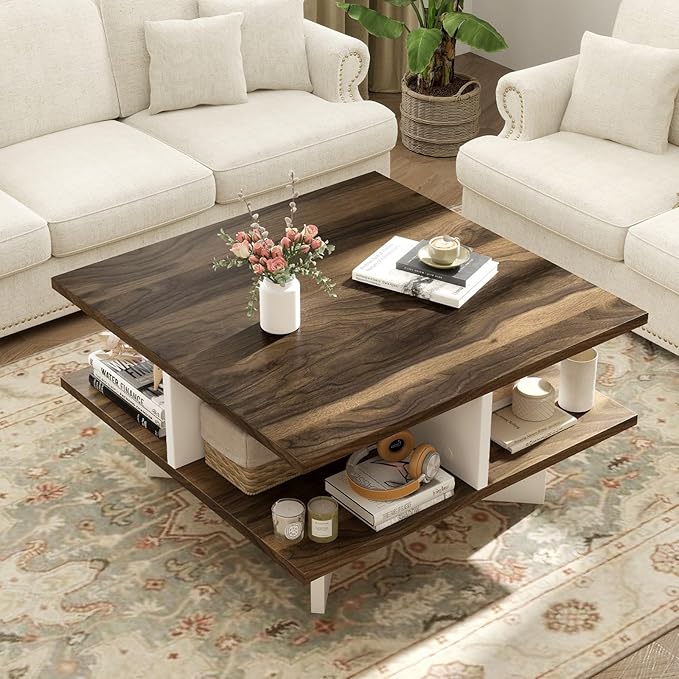 Giantex Square Coffee Table, Mid Century Modern Center Table with 4 Storage Compartments & Cross-Shape Base, 24 Inch Farmhouse Coffee Tables for Living Room (Walnut)