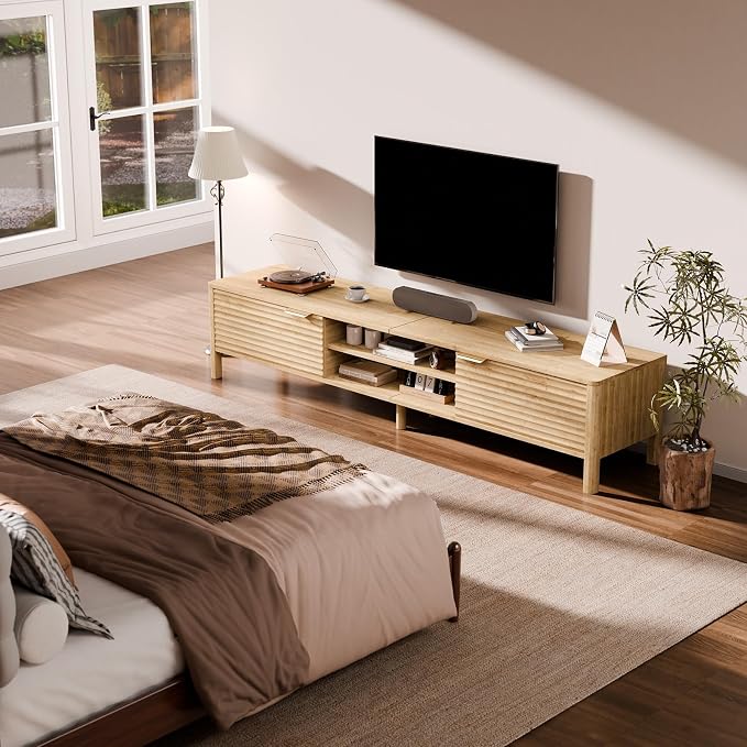 IKALIFE TV Stand for Living Room - up to 80 Inch TVs Mid Century Modern Entertainment Center with Storage and Adjustable Shelves, Media Console Table Oak 71" - Image 7