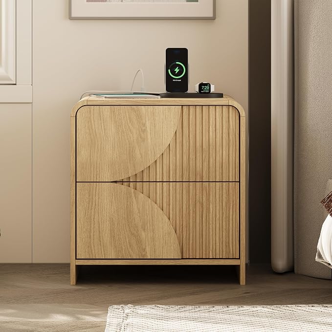 Nightstand Set of 2,Fluted Nightstand with Charging Station,20" Side Table with 2 Drawers Modern Night Stand Wooden End Table Bedside Table with Curved Design for Bedroom,Natural Oak - Image 8