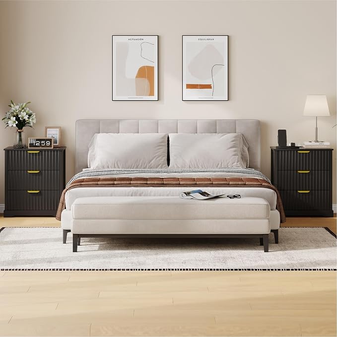 Fluted Nightstand Set of 2, Modern Night Stands with Charging Station and 3 Drawers, Large Bedside Tables for Bedroom, Black - Image 9