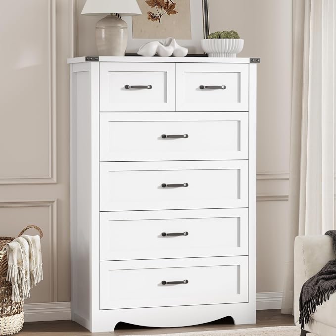 Dresser for Bedroom with 6 Drawers, 46" Tall Wood Chest of Drawers with Deep Drawers & Mental Handle, Modern Dresser TV Stand, Wooden Closet Storage Organizer for Living Room, Hallway, Entryway, White - Image 8