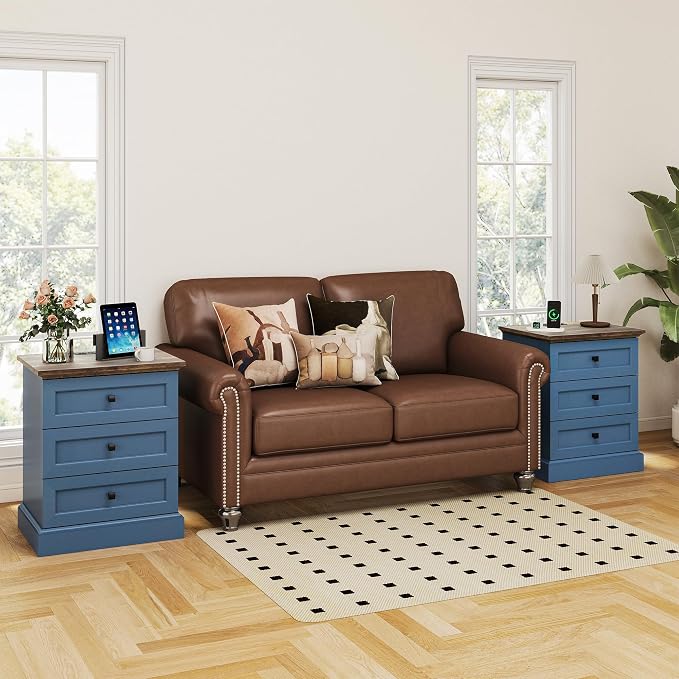 Night Stand with Charging Station, Bedside Table with 2 Drawers Storage and Open Shelf, Nightstand with Outlets for Bedroom Office (1, Blue) - Image 7