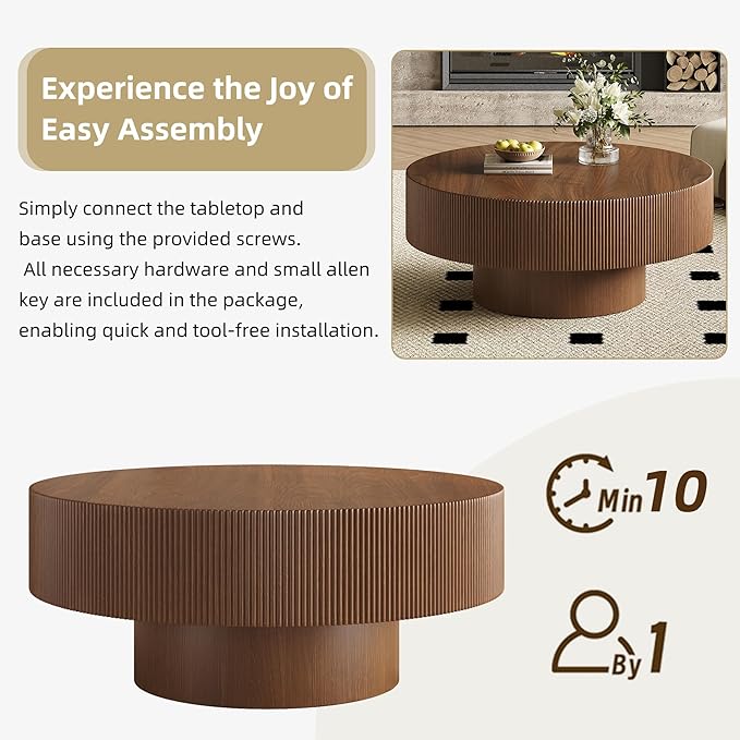Merax Modern Round Coffee Table with Sturdy Base, Wood Sofa Center Tables for Living Room, Reception Room, Easy Assemble, Walnut