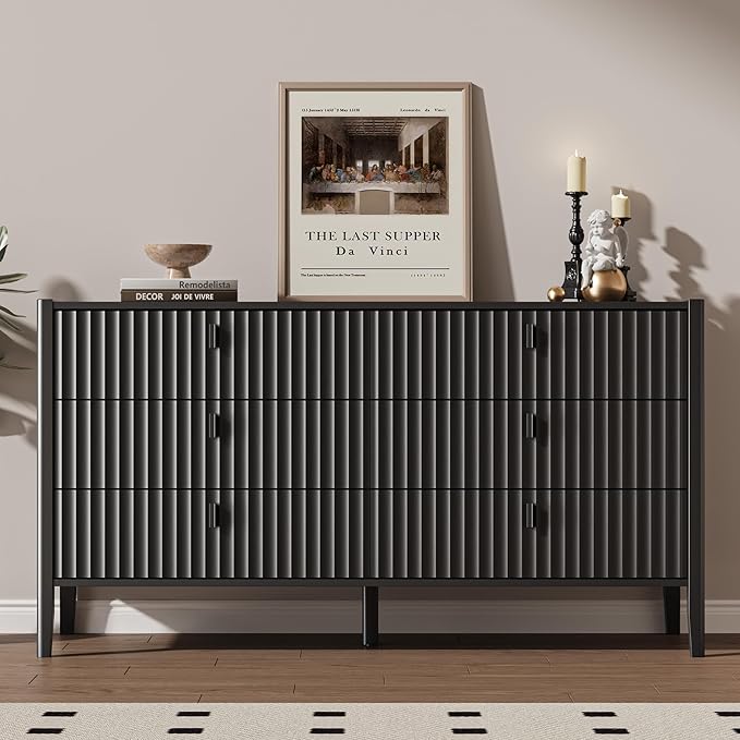 MAISONARIA 3-Piece Dresser Bedroom Set, 6 Drawer Dresser & 2 Drawer Nightstands with Metal Handles, Fluted Wood Chest of Drawers for Bedroom, Living Room, Entryway, Black