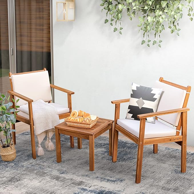 Greesum 3 Piece Bistro Patio Furniture Outdoor Chat Chair Set with Water Resistant Cushions and Coffee Table for Beach Backyard Garden, Beige