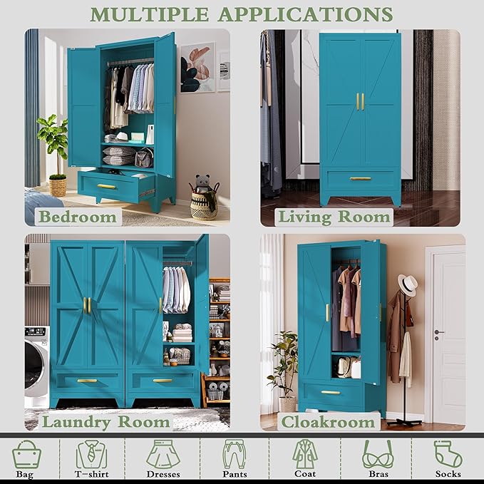 71" Tall Metal Armoire Wardrobe Closet,17.7" Deep By 31.5" Wide Portable Closet for Hanging Clothes,Wardrobe Cabinet with Drawer and Shelve for Bedroom Office Laundry Room,Blue 1 Pack
