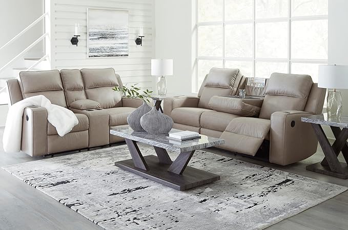 Signature Design by Ashley Lavenhorne Contemporary Faux Leather Manual Reclining Loveseat with Console and Cup Holders, Beige