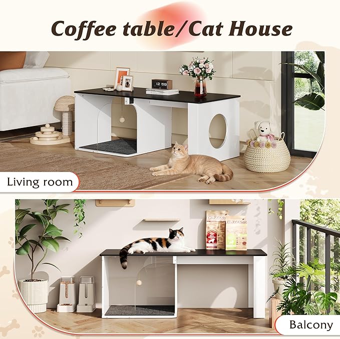 WLIVE Coffee Table, 2-in-1 Cat Wood Coffee Table with Lagre Storage Tabletop, Modern Center Table Cat House with Cat Scratching Pad, Cat Teaser for Living Room, Balcony, Black