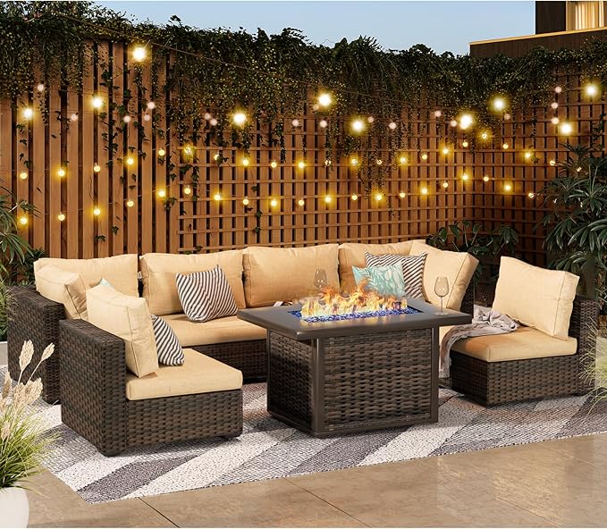 Grezone 15 Piece Patio Furniture Set with 44" Fire Pit Table, Outdoor Sectional Couch, PE Rattan Patio Conversation Sets with 4inch Cushions for Backyard Beige
