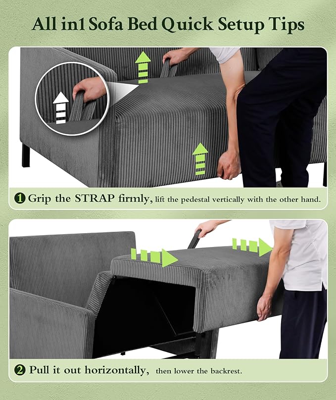47.2" Convertible Sofa Bed Couch, Comfy Corduroy Couch Bed, All in 1 Loveseat Sleeper Sofa, Love Seat Sleeper Bed with 2 Pillows, Modern Couches for Living Room/Apartment/Home/Office, Grey