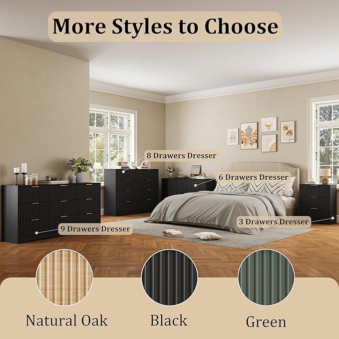 8 Drawer Dresser and Nightstand Sets for Bedroom, Modern Fluted 3 Pcs Bedroom Dresser Furniture Sets, Wood Chest of Drawers and Nightstand Set of 2 with Metal Handles, Black