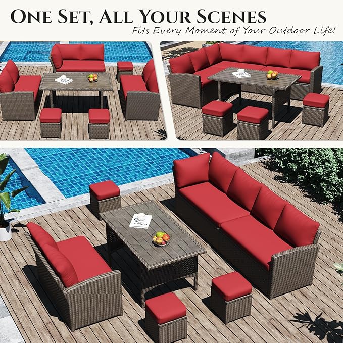 U-MAX 7 Pieces Patio Furniture Set with 43" Fire Pit Table, Outdoor Sectional Sofa Conversation Set, All Weather Wicker Rattan Dining Table & Chair with Ottoman, Brown Rattan&Red Cushion