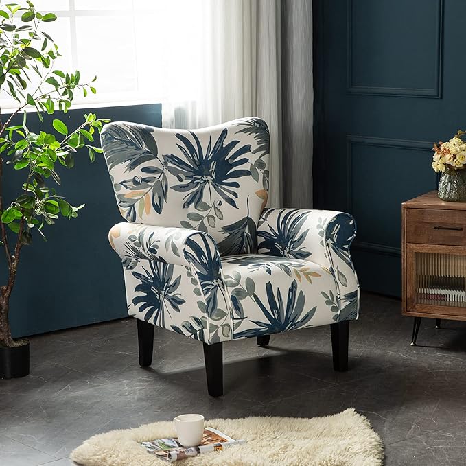 YOLENY Modern Accent Chair,High Back Armchair,Upholstered Fabric Button Single Sofa with Wooden Legs for Living Room,Bedroom,Blue Leaves