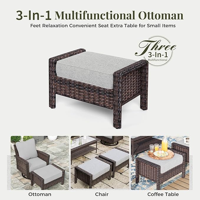 6-Piece Wicker Patio Furniture Set with Swivel Chairs, High Back Outdoor Furniture with Fire Pit Table and Ottoman, All-Weather Wicker Patio Conversation Set for Deck Yard Pool, Grey