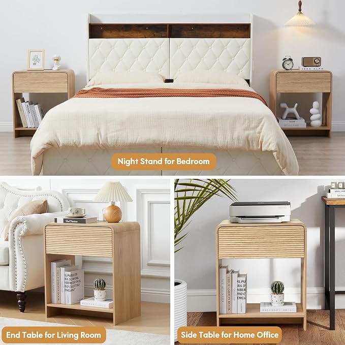 XUZENEST Fluted Nightstand with Charging Station, Mid Century Modern Bed Side Table End Table with Drawer Storage, Large Wooden Night Stands Bedside for Bedroom Living Room Sofa Office, Natural - Image 9