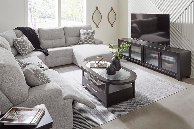 Signature Design by Ashley Acklen Place Modern U-Shaped Modular Stain-Resistant 6-Piece Power Reclining Sectional with Chaise, Adjustable Headrest, USB Charging Ports and Console, Light Gray