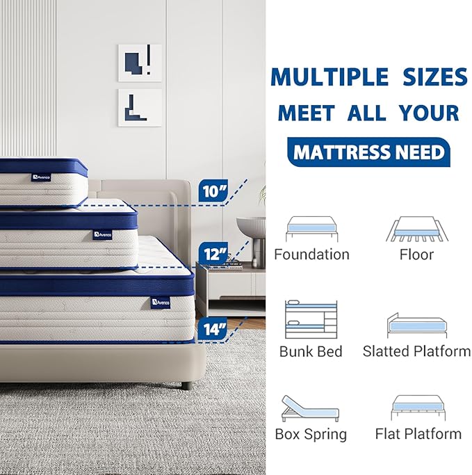 Avenco Queen Mattress, 12 Inch Hybrid Queen Size Mattresses in a Box, Colchones with Comfort Foam and Pocket Coils for Pressure Relief Motion Isolation