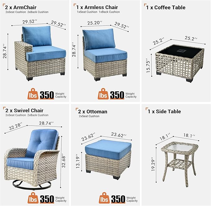 ovios 9 Piece Patio Sectional Furniture with Swivel Rocking Chairs, Rattan Wicker Coversation Set with Glowing Coffee Table, Outdoor Sofa Set for Outside Porch Balcony Backyard Pool, Blue