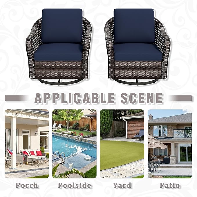 Outdoor Wicker Swivel Chair Set of 2, All-Weather Use Patio Rattan Chair with Seat and Back Cushion, Ideal for Porch, Backyard, Balcony, Poolside, Blue