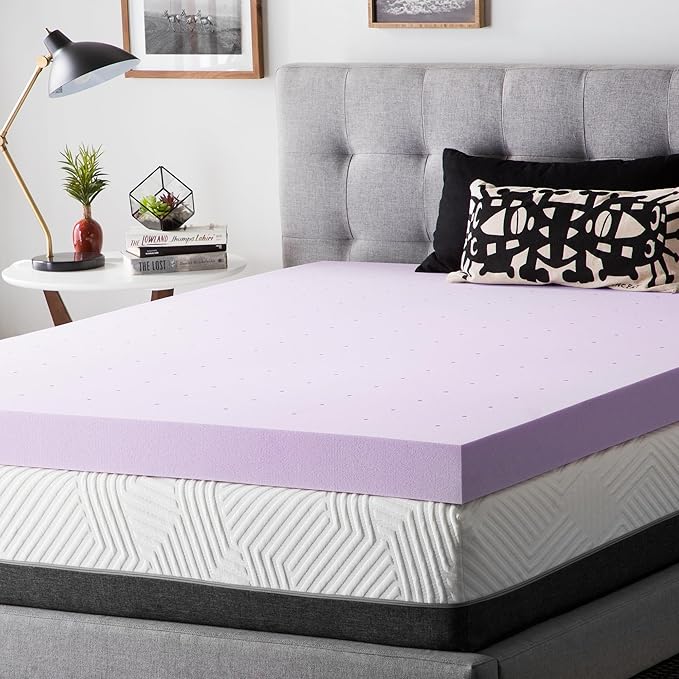 Lucid 4 Inch Lavender Memory Foam Mattress Topper, Queen Size – Essential Oil Infusion – Ultra Plush Feel, Pressure-Relieving Bed Topper – Ventilated and Breathable – CertiPur Certified