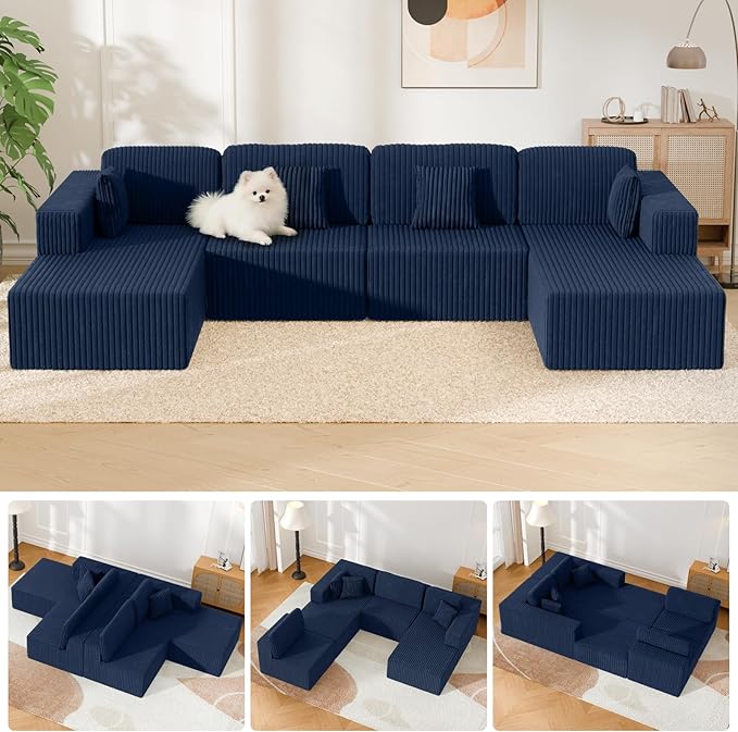 132 Inch U Shaped Modular Sectional Sofa with Dual Chaise, Oversized Corduroy Cloud Couch with Deep Seat, Boneless Modern Sofa for Living Room, No Assembly Required, Blue