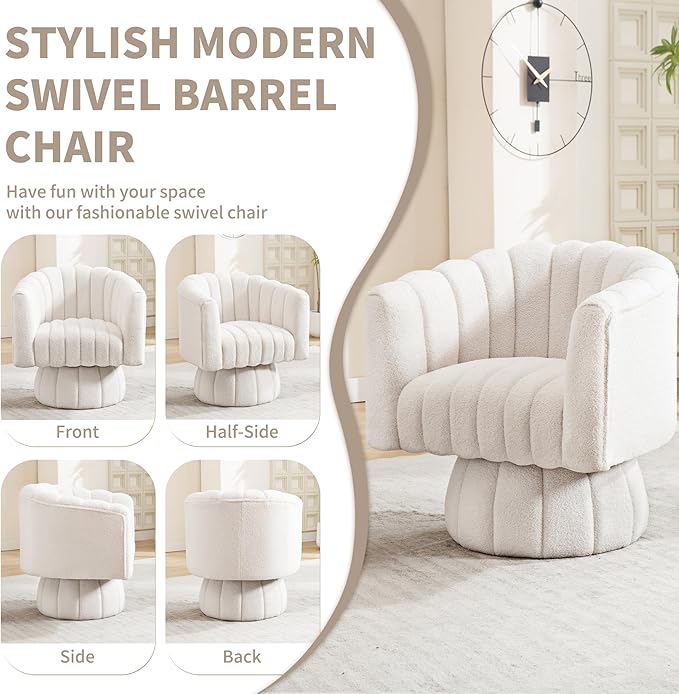 Swivel Accent Barrel Chair Set of 2- Cute Comfy Small Round 360° Arm Chair Teddy Sofa Club Reading Chair for Living Room Bedroom Office White