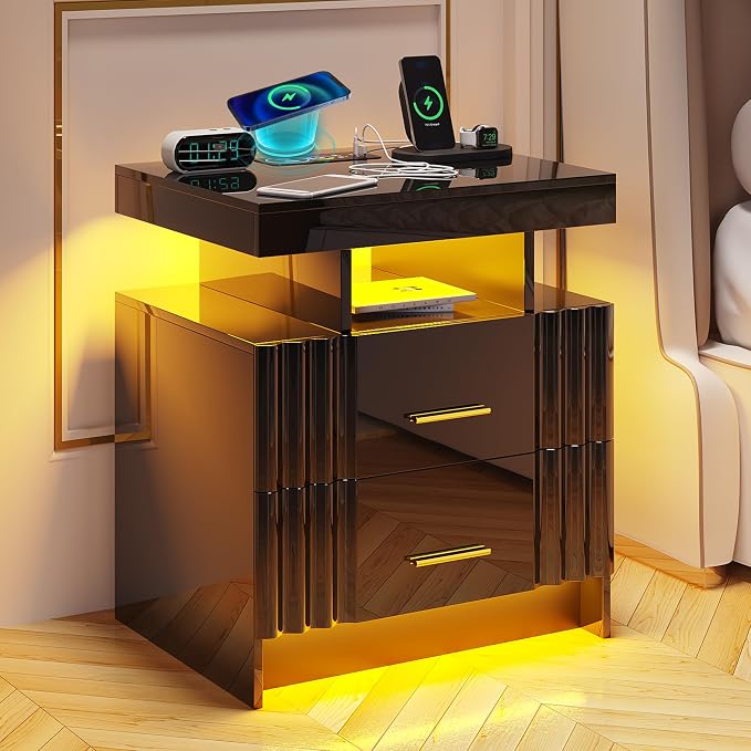 Nightstand with Charging Station, Black LED Night Stand with 2 Drawers, High Gloss Bedside Table with Auto Sensor 24-Color Lights/Wireless/Type-C/USB Charging for Bedroom - Image 7