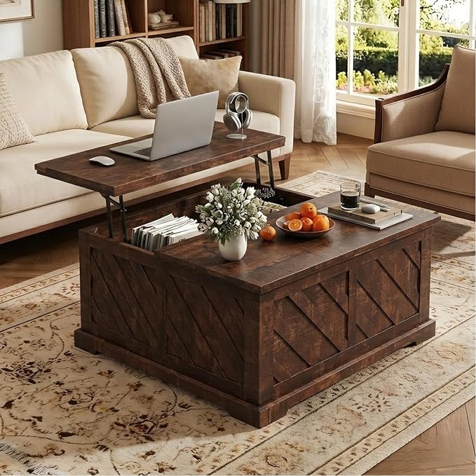 Amada Lift Top Coffee Table with Storage, Smooth Lifting Center Table with Hidden Compartment, Diagonal Pattern Wood Coffee Table for Living Room and Home Office, Rustic Brown
