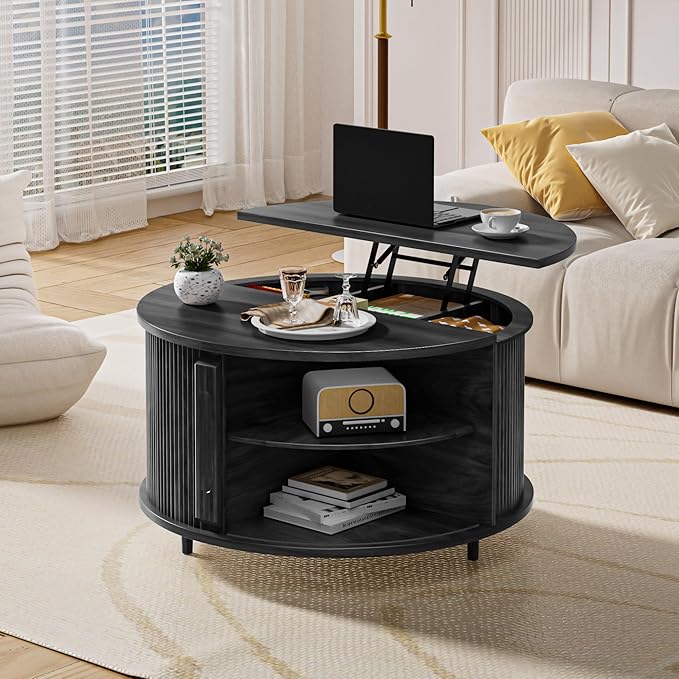 Round Lift Top Coffee Table, 31.5" Fluted Wood Lift Up Center Table with Sliding Door & Hidden Storage – Mid Century Modern Circle Coffee Table for Living Room, Home Office, Apartment (Black)